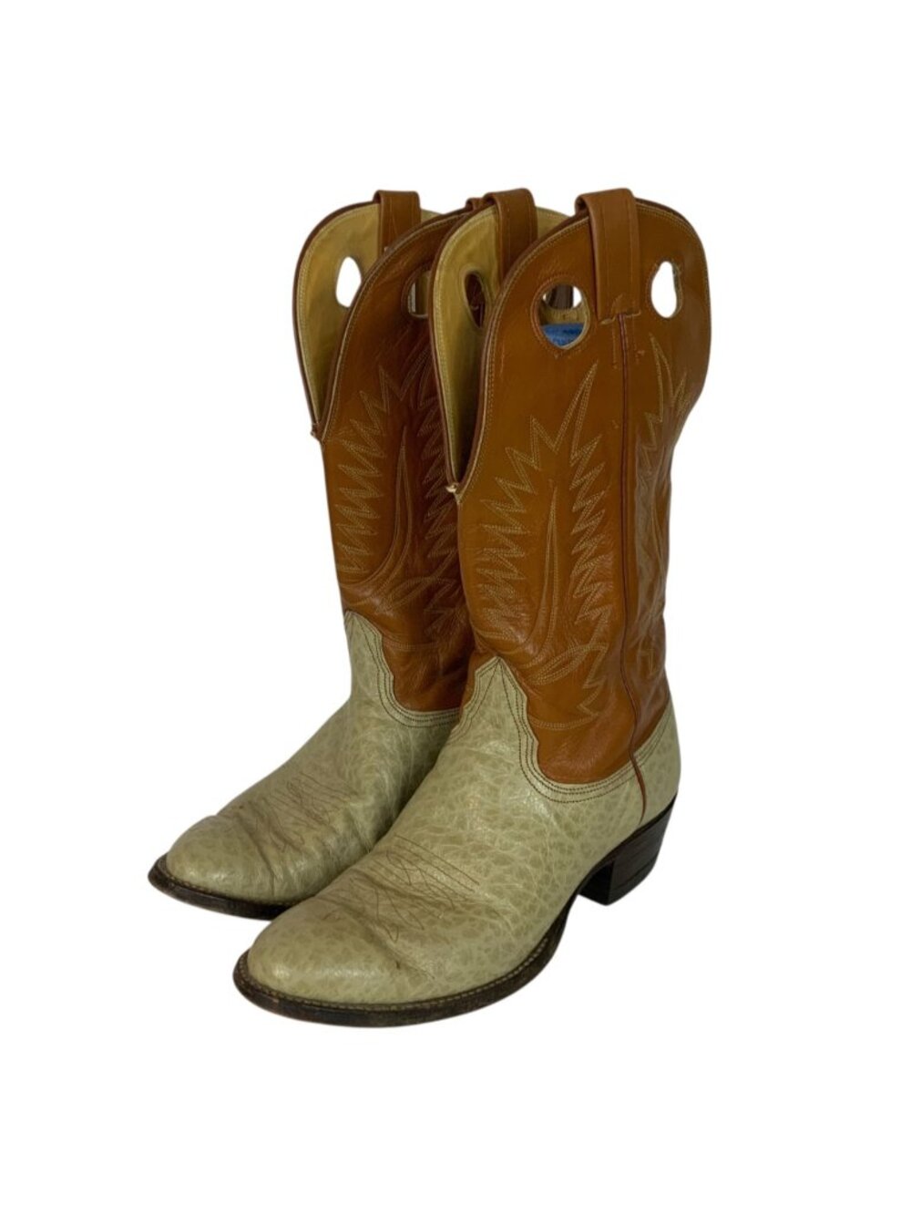 Nocona 9.5D Buckaroo Western Cowboy Boots Tan Cream Bullhide Leather Vintage 70s